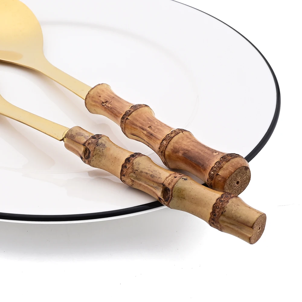 2/4Pcs Long Handle Serving Spoon Serving Spoon Dinnerware Set Bamboo Wooden Handle Salad Spoon Fork Stainless Steel Tableware Kitchen Cutlery Set