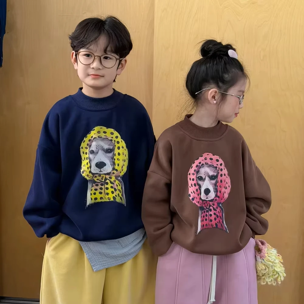 허니 어라이브드 겨울 어린이 여자아이 스웨트셔츠 강아지 프린트 키즈 베이비 여자아이 풀오버 라운드 칼라 여자아이 긴팔