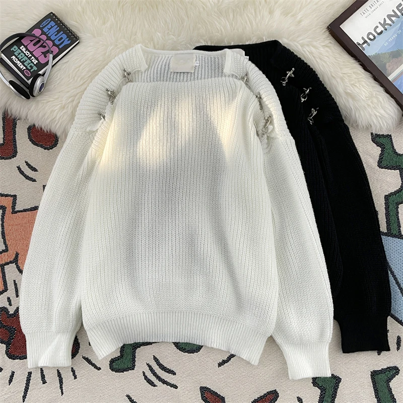

Мужской винтажный свитер с длинным рукавом, Свободный пуловер с вырезами, однотонный трикотажный топ, S222, Осень-зима 2024