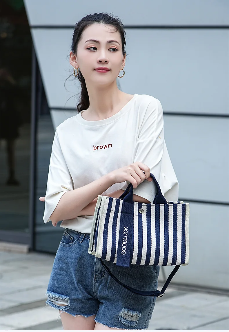 New Sle Casual Canvas Tote Bag Waterproof Commuter Crossbody Bag Faionable Striped Large Capaci Handbag for Youth