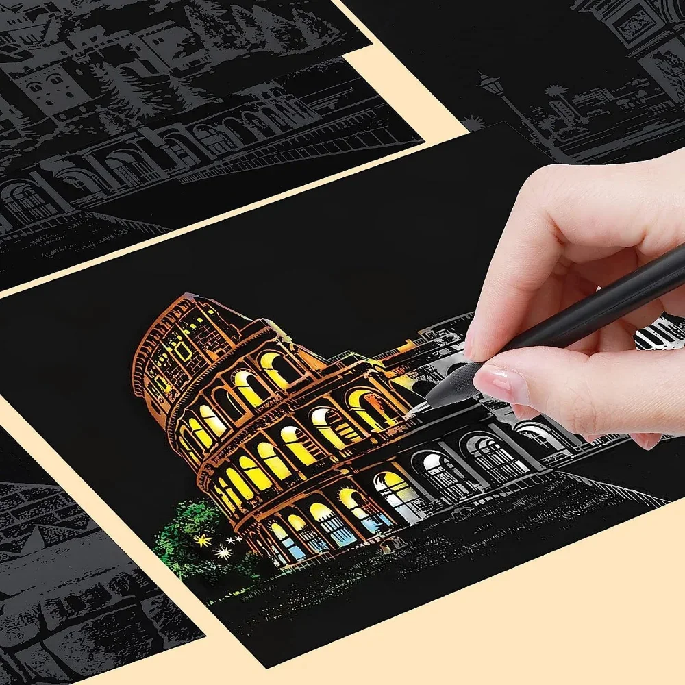 4Pcs Children DIY Night Scene Art Scratch Painting Toys City Building Landscape Kids Educational Toys Birthday Gift Room Decor