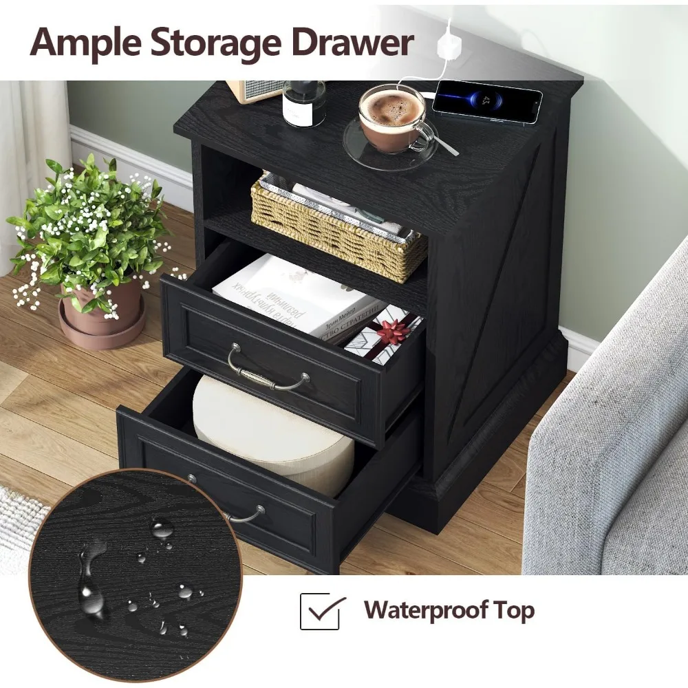 Farmhouse Nightstand with Charging Station, Side Table with 2 Storage Drawers, Rustic Wood Night Stand with Metal Handle 5