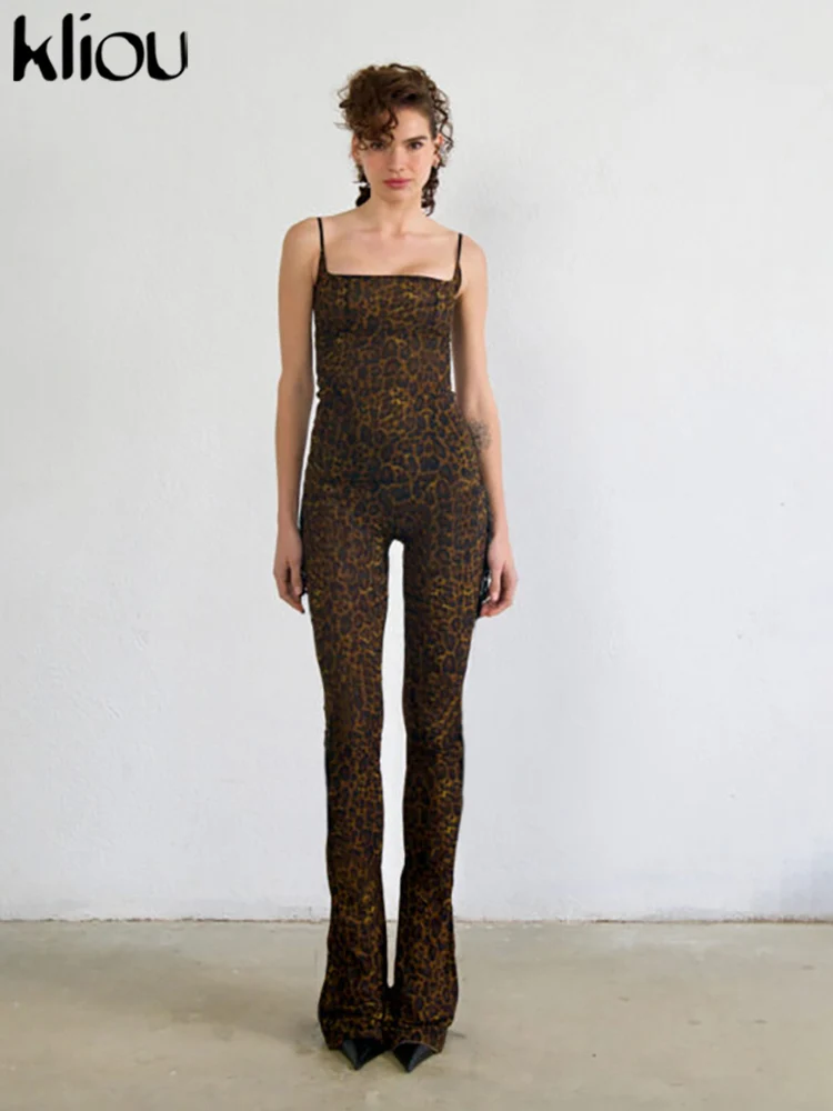

kliou Leopard Popular Jumpsuits Women Street Hipster Suspendency U-neck Zip-up Flare Overalls Mujer 2024 New Classic One Piece