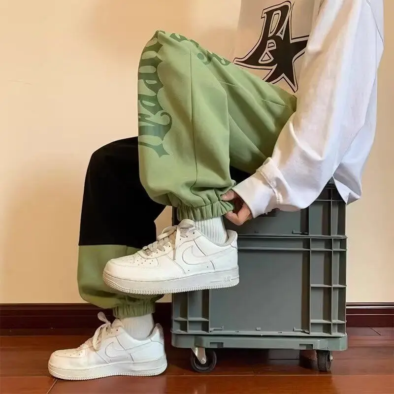 Spring Autumn 2024 Korean Men's Patchwork Contrast Color Printed Letters Drawstring Elastic Waist Loose Sports Casual Wei Pants