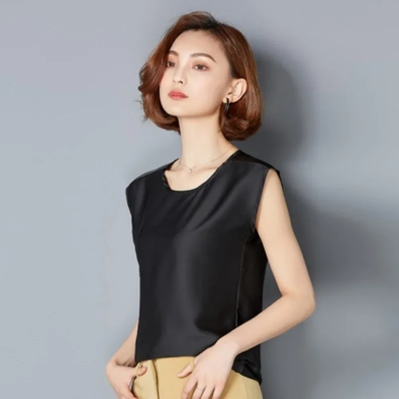 섹시한 실크 조끼 여성 민소매 탑 여름 솔리드 컬러 블라우스 셔츠 플러스 사이즈 S-4XL