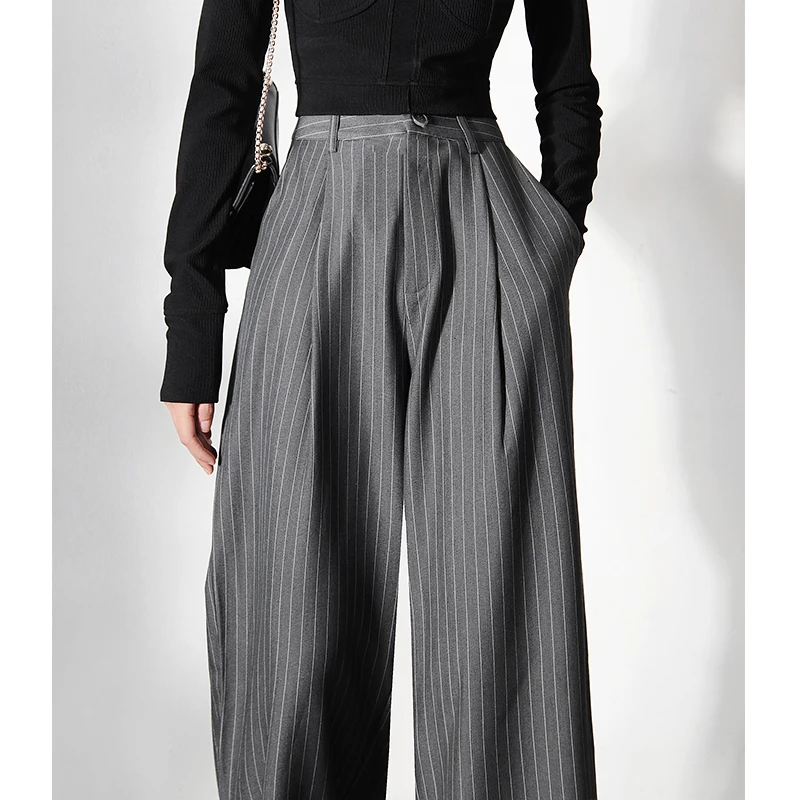 

Women's Fashion Spring Summer Wide Leg Long Gray Stripe Pants Female Spring Autumn High Waist Loose Suit Pants Trousers TB2513
