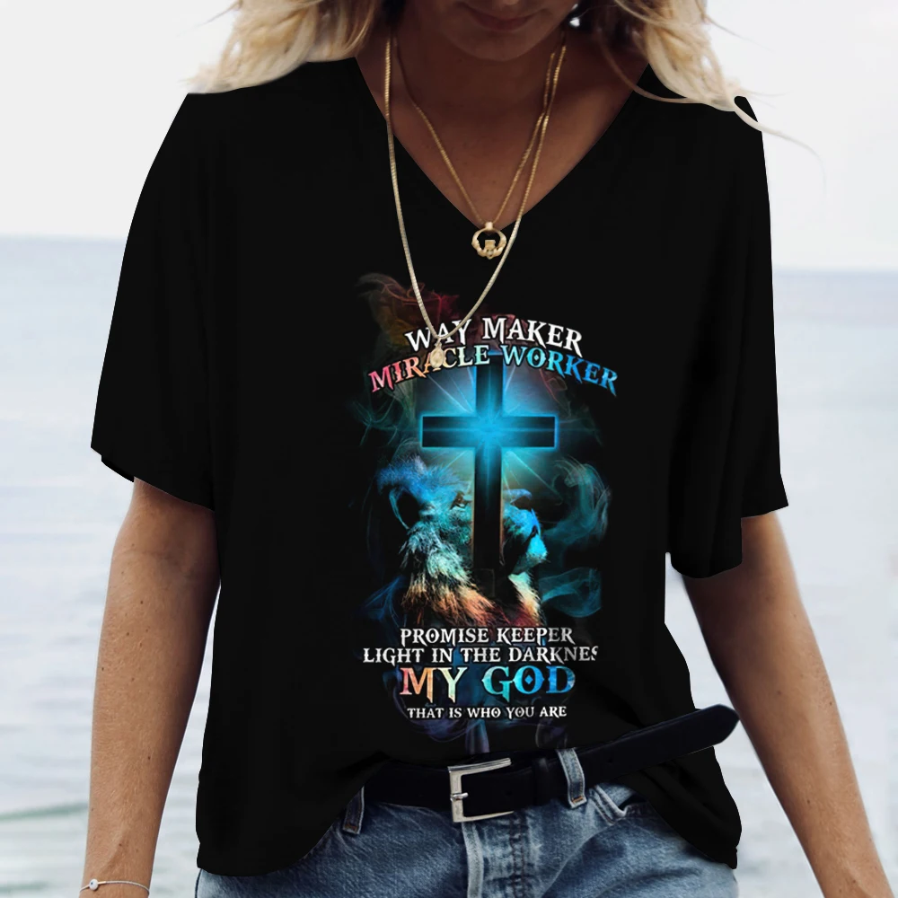 Gesù Cristo T-shirt da donna con scollo a V in cotone Pullover Haruku Abbigliamento Estate Camicia a maniche corte oversize Donna Casual801_voghion.com