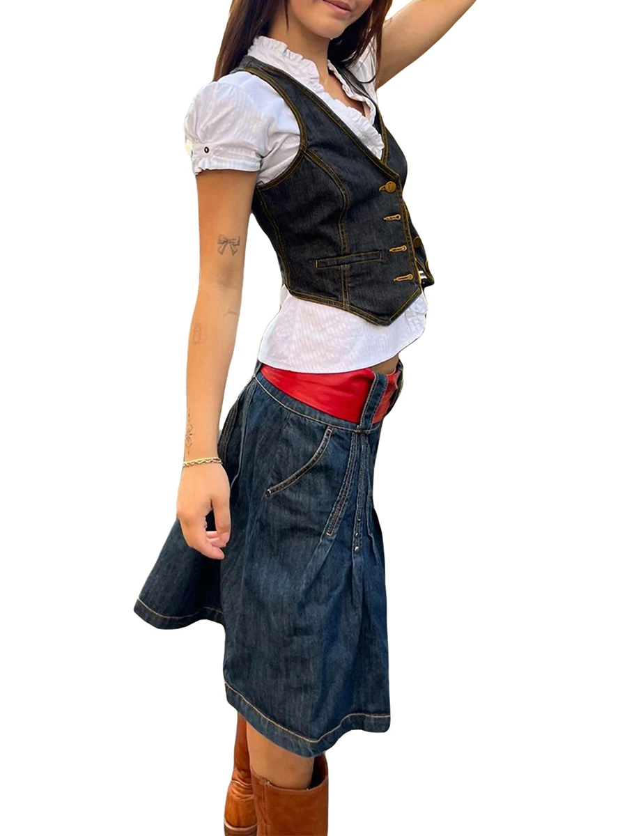 

Women Sleeveless Denim Vest V Neck Button Up Jean Waistcoat Vest with Pockets Casual Vintage Denim Crop Streetwear