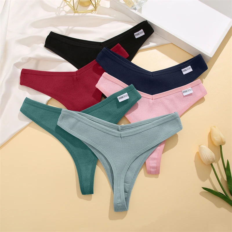 FINETOO 7Pcs Women Cotton Thongs Clothing Comfortable Waffle G-string Panties Female Low-Rise T-Back Underwear Bikini  Lingerie