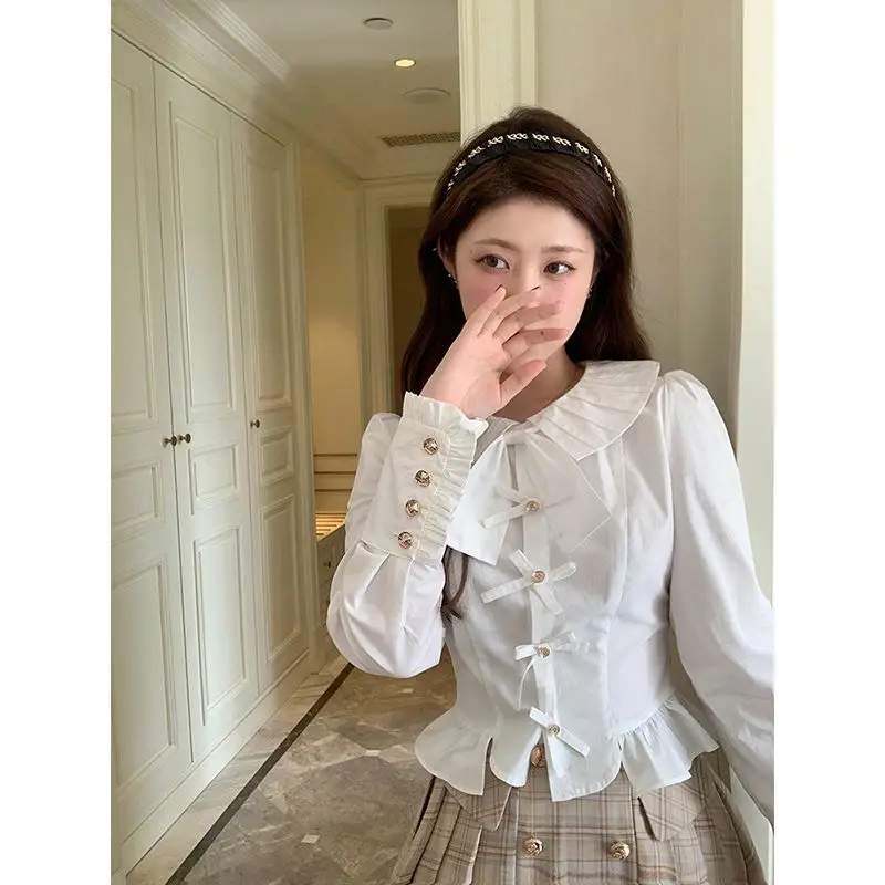 

Early Autumn New Korean Version Bow Palace Small Daughter Doll Collar White Shirt Female Design Sense Elegant Blouse