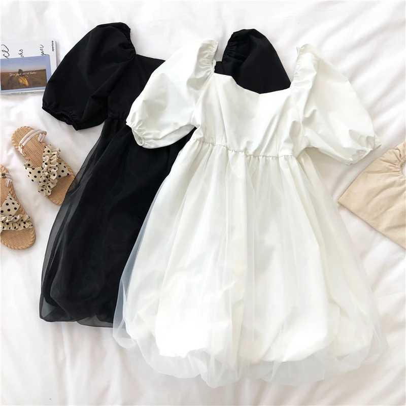 

Women Ball Gown Fashion Cute Square Collar Puff Short Sleeve Fairy Dress 2022 Trend New Temperament High Waist A-Line Dresses