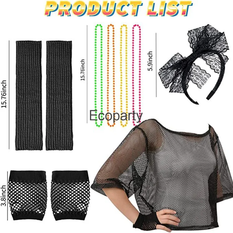 New 1980s Prom Costume Retro Women Retro Neon Mesh T-Shirt Gloves Headband Necklace Set Fancy 80s Party Dress Up Accessories