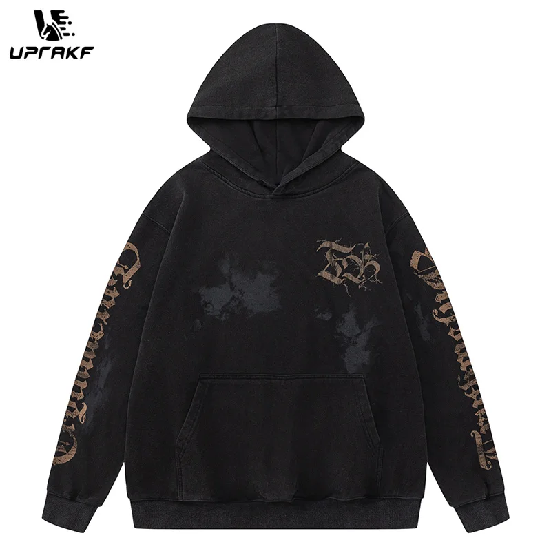 UPRAKF Retro Abstract Alphabet Graphic Hoodie Oversize Autumn Casual Front Pocket Long Sleeve Loose Streetwear Pullover