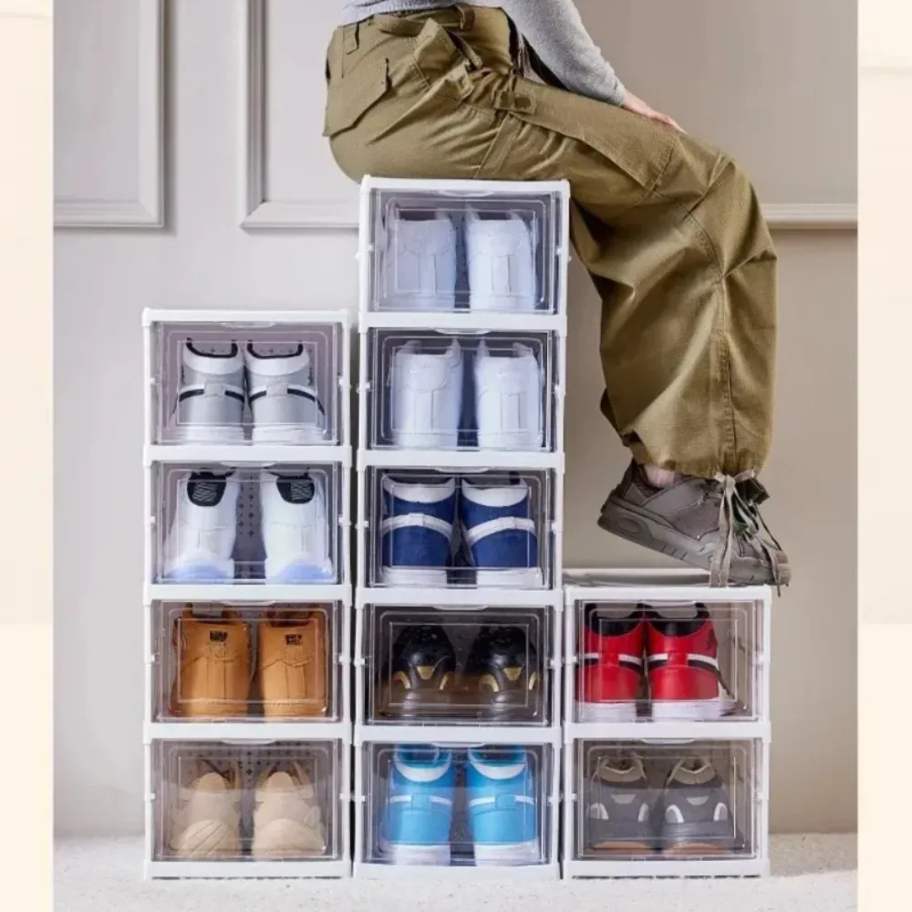 6 Layers Foldable Shoe Rack Organizer Transparent Tackie Box Collapsible Home Sneaker Storage Stackable Shoes Cabinet For Closet plastic storage box