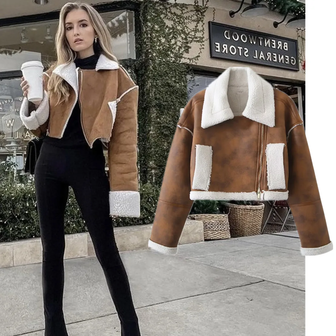 Withered Ins Fashion Blogger Retro Brown Color Suede Lamb Wool Short Jackets Women