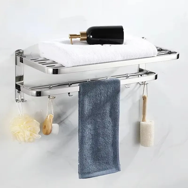 304 Stainless Steel Towel Rack Bathroom Storage Rack Non Punching Foldable Bathroom Towel Storage Hardware Pendant