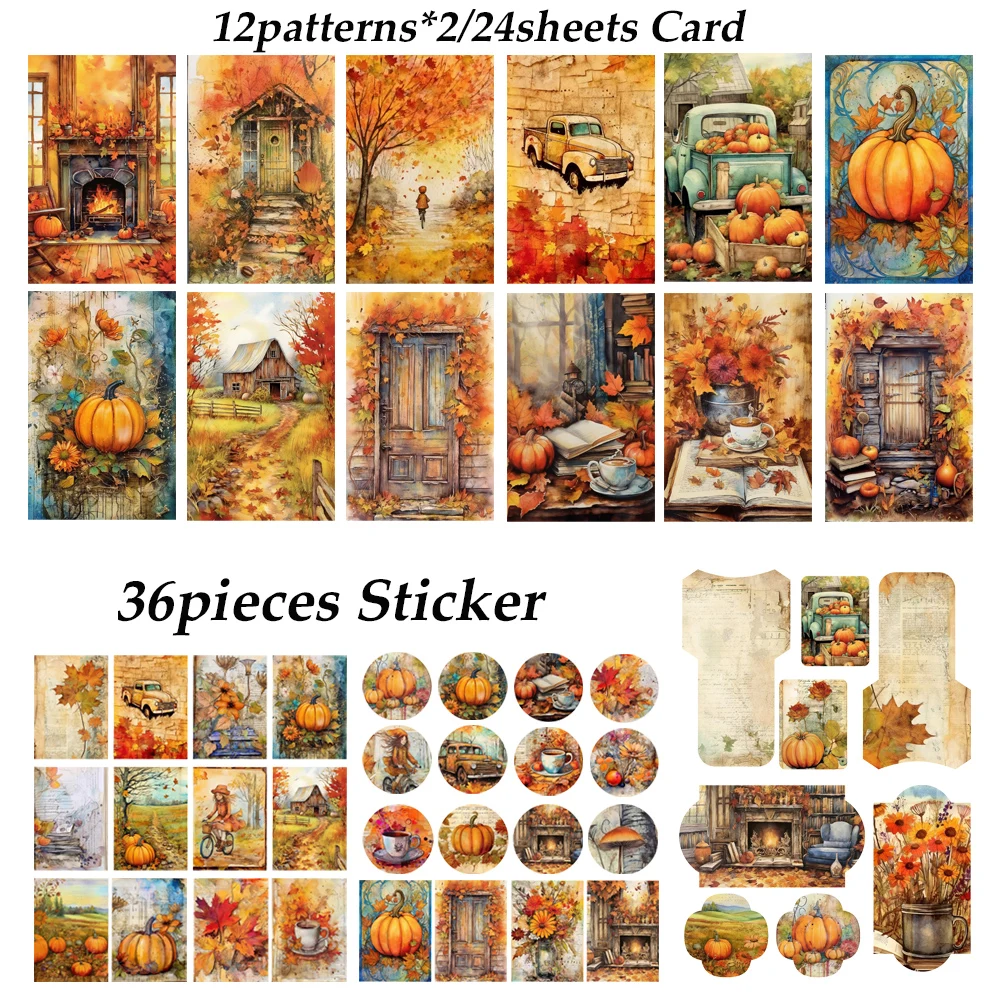 JAIIMAN60 Stück (24 Karten + 36 Aufkleber) Herbst beschreibbares Urlaubs-Ephemera-dickes Kartenset, für Kunsthandwerk, Scrapbooking-Zubehör, Tagebuch – Detail 8