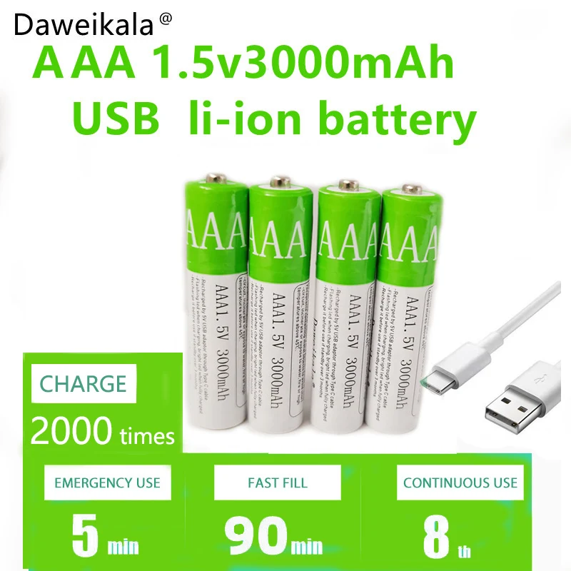 

New2022 USB AAA Rechargeable Batteries 1.5V 5500 mAh li-ion battery for remote control mouseElectric toy battery + Type-C Cable