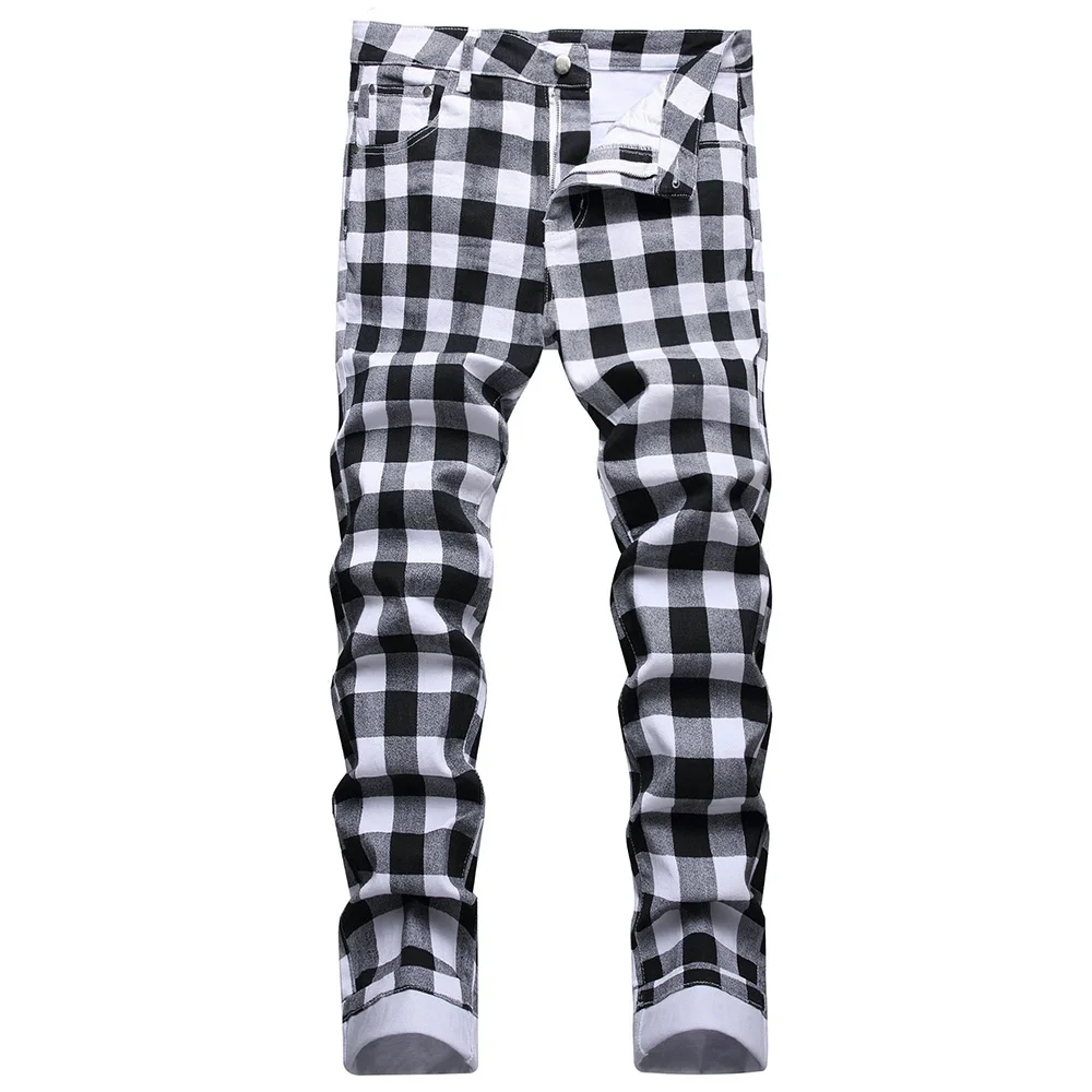 Men-s-Black-and-White-Plaid-Printed-Jeans-Fashion-Check-Digital-Print ...