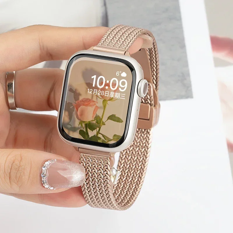 Elegant Slim Steel Bracelet Strap for Apple Watch - Women's Magnetic Loop Band