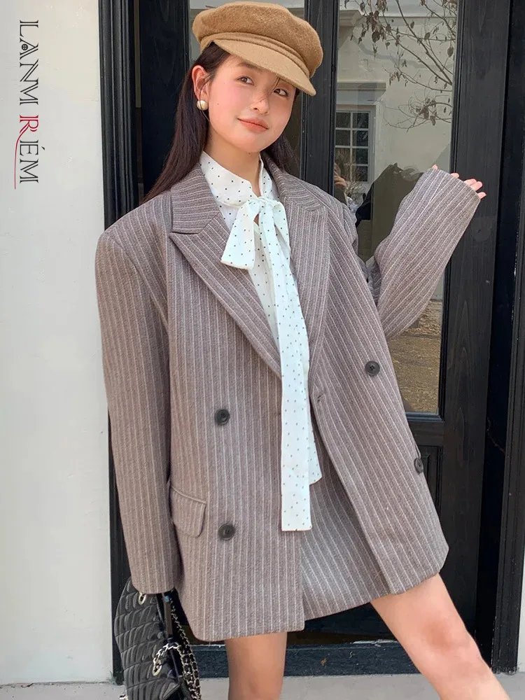 

LANMREM Striped Blazers For Women Notched Double Breasted Long Sleeves Korean Style Office Lady Fashion Coat 2023 New 2DA2451