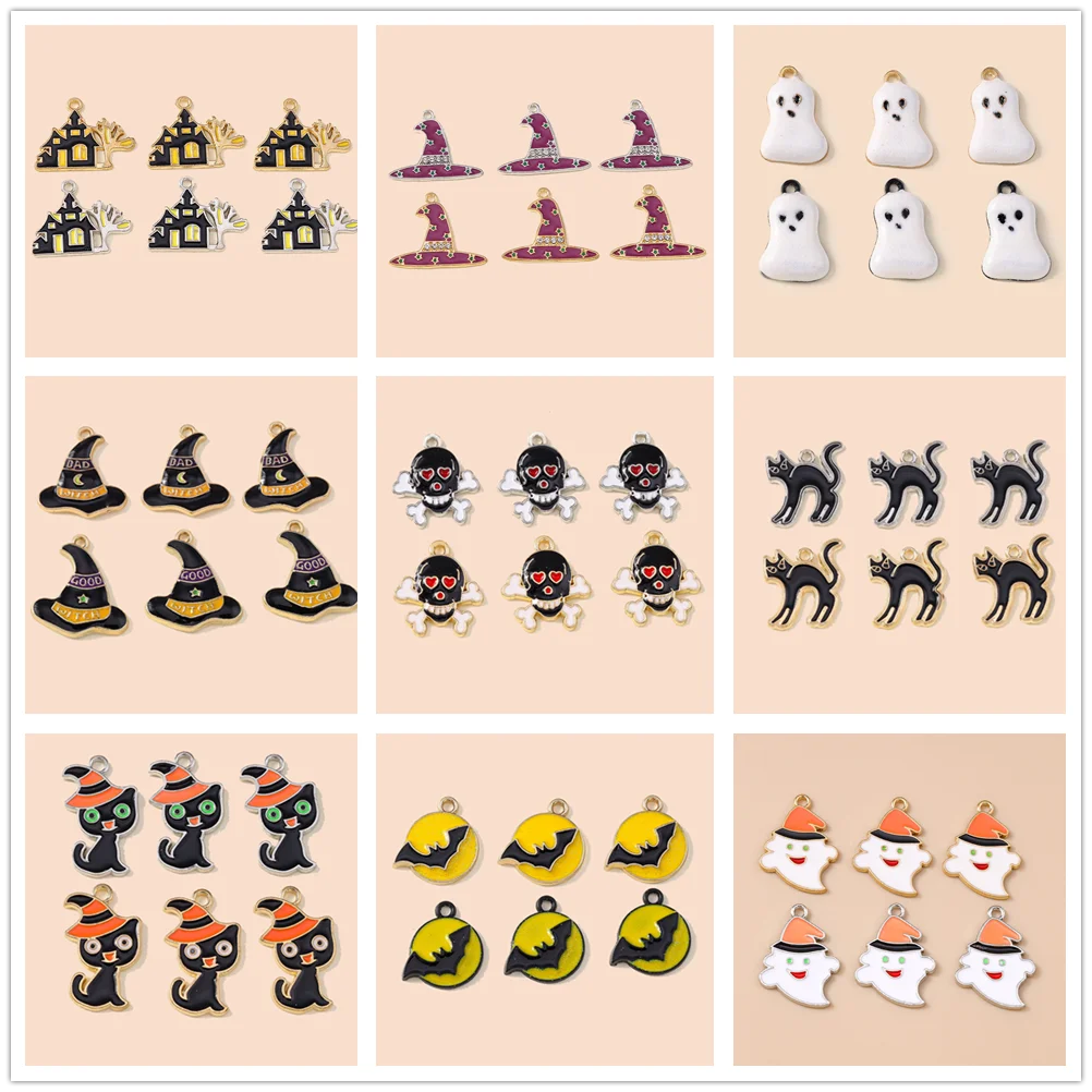 Leslie 10 Stück Halloween-Anhänger, Halloween-Schloss, Katze, Mond, Tasche, Geist für DIY handgefertigte Halskette, Armband, Schmuckherstellung, Zubehör