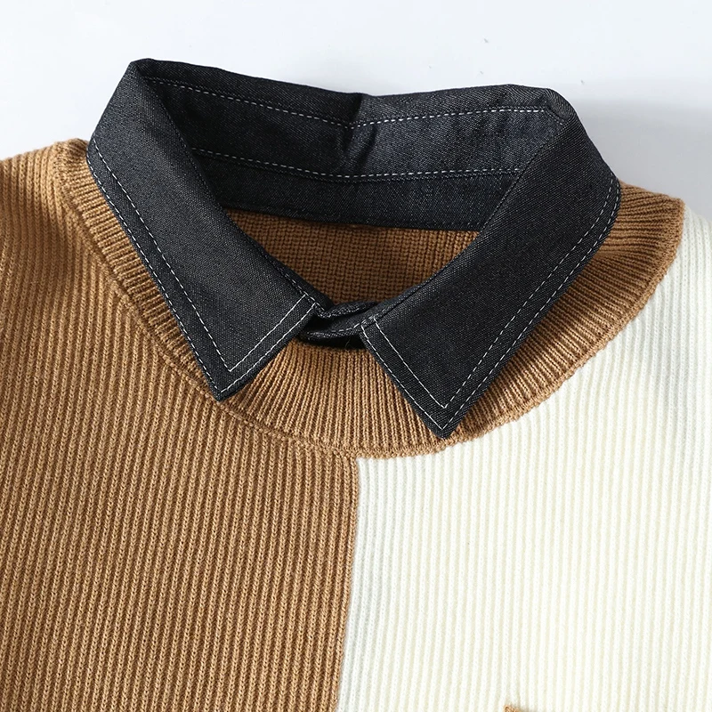 Men's Fake Two Piece Shirt Collar Pocket Sweater Autumn Winter Fashion Youthful Vitality Long Sleeve Loose Pullover Knitted Tops