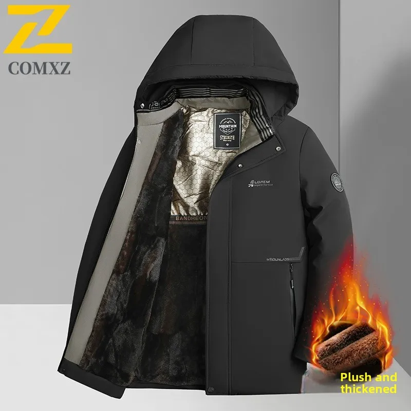 Men Detachable Hood windbreaker Fleece Lined Thickened Long Jacket Winter Thermal Windproof windproof Cold Weather Streetwear