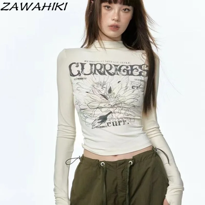 

Осенний Американский ретро-топ zawhiki с надписью гранж и графическим принтом тонкий женский Водолазка винтажный Повседневный кроп-топ Mujer