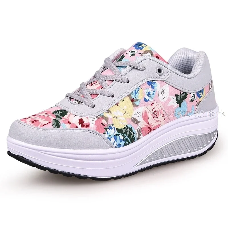 Women Breathable Toning Shoes Flower Printed Comfortable Thick Soles Swing Shoes Platform Wedge Slimming Sneakers sports shoes