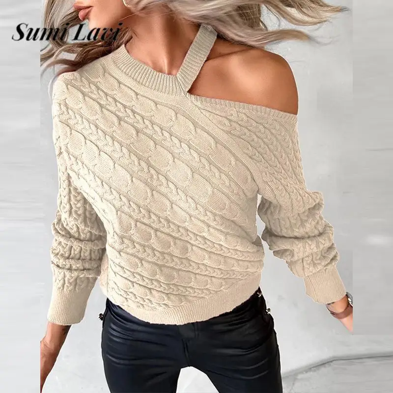 

Fashion Slant Neck Off Shoulder Sweater Autumn Solid Color Twisted Ladies Versatile Knitwear Casual Ladies Long Sleeve Pullover
