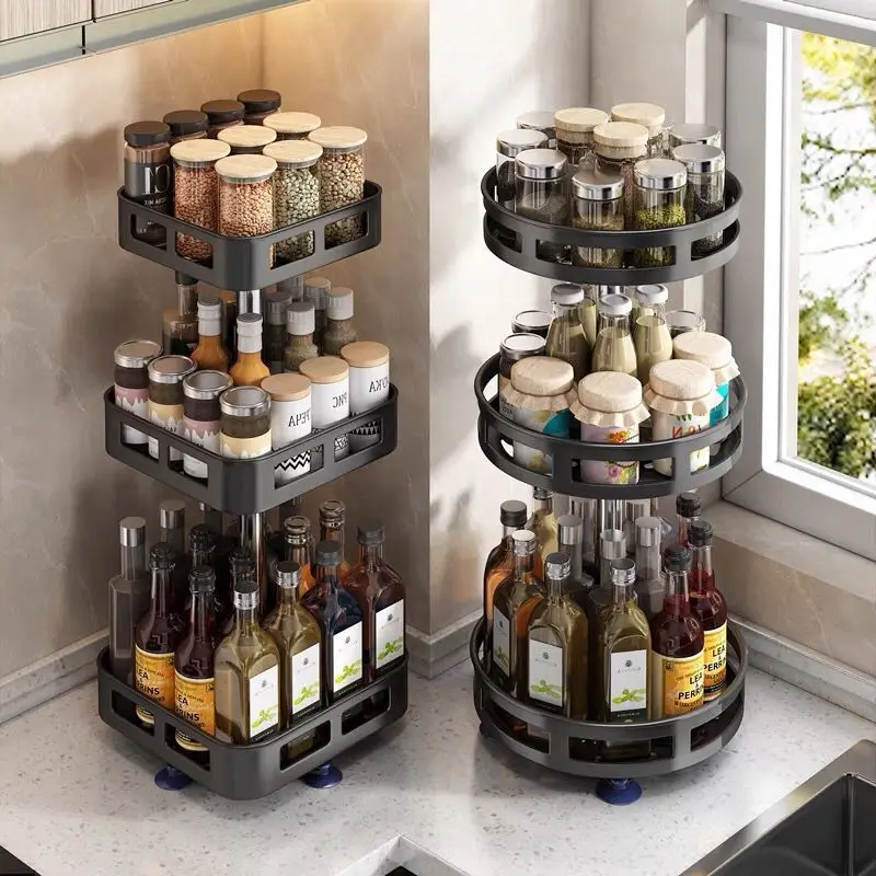 

Kitchen Seasoning Rack Rotatable Countertop Corner Seasoning Rack Oil Salt Sauce Bottle Cans Storage Seasoning Rack Gadgets