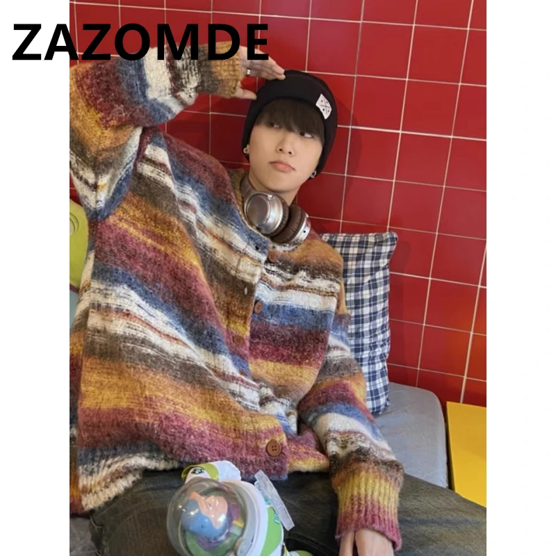ZAZOMDE 가을 레트로 스트라이프 가디건 스웨터, Y2K 상의, 캐주얼 스웨터 코트, 패션 루즈 니트 점퍼, 하라주쿠 커플 스웨터