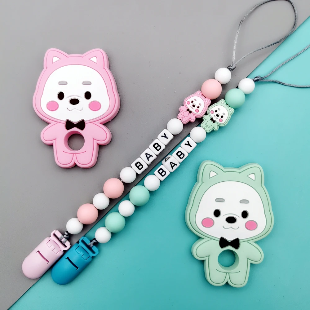 Custom English Russian Letters Name Baby Silicone Kids Pacifier Clip Chains Teether Pendants Baby Pacifier Kawaii Teether Gifts