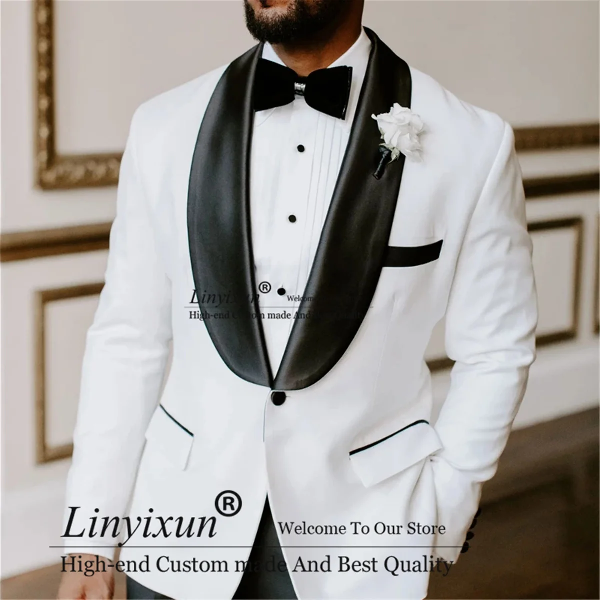 

White Wedding Suits Men with Black Shawl Lapel Groom Tuxedo Slim Fit 2 Piece Jacket Pants Groomsmen Blazers Sets Costume Homme