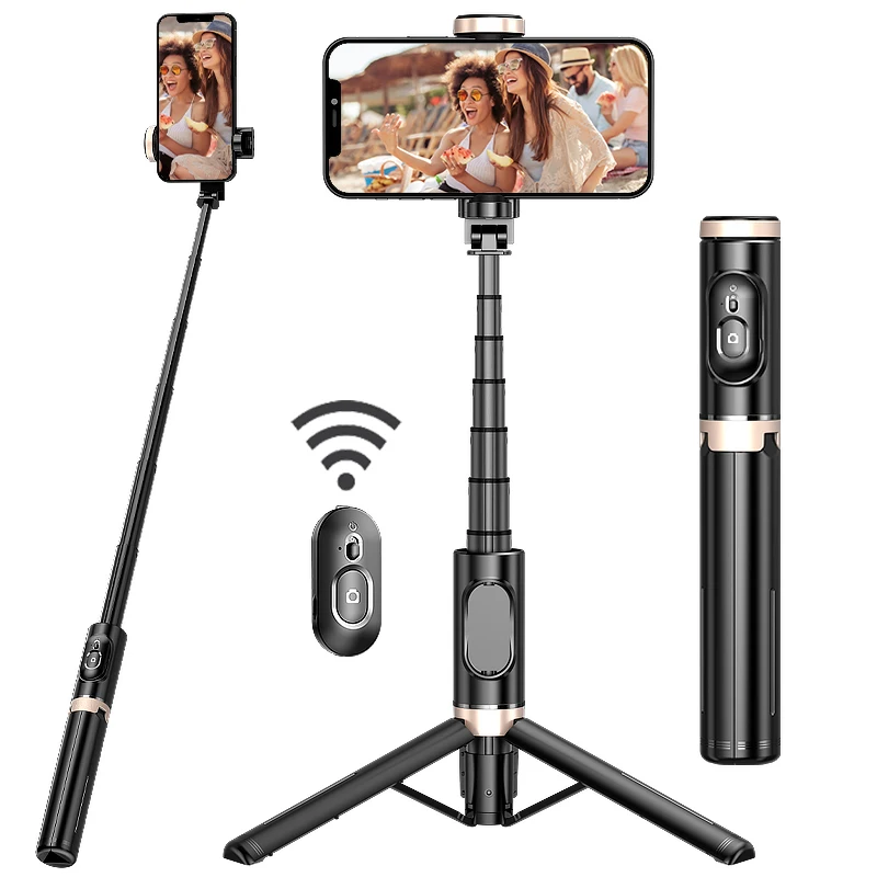 Black expandable 3-in-1 aluminum selfie stick for iPhone and smartphone, with wireless remote control and trip_voghion.com