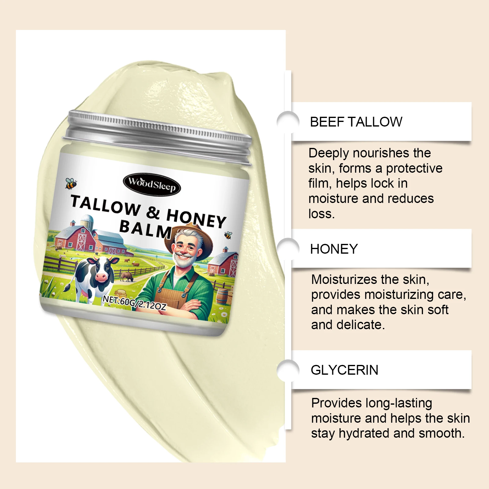 60ml Tallow Honey Balm Deep Moisturizing Beef Tallow Face Cream Body Lotion Anti Crack Face Cream Skin Care