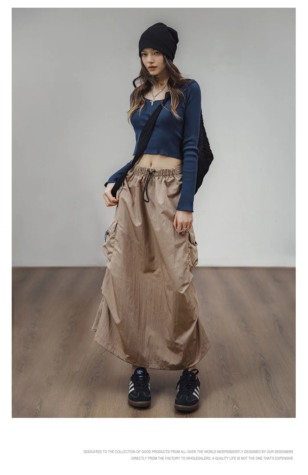 Maden Women Vintage Workwear A-line Skirts Multi-Pocket Tie Draw Pleat Skirt Mid-waist Loose Skirt Spring and Autumn Street Wear