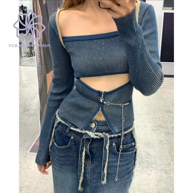 Spicy Girl Hollow Cut Slim Long Sleeve Knitted Tops for Women 2023 Autumn  New Streetwear Fashion Pullover - AliExpress