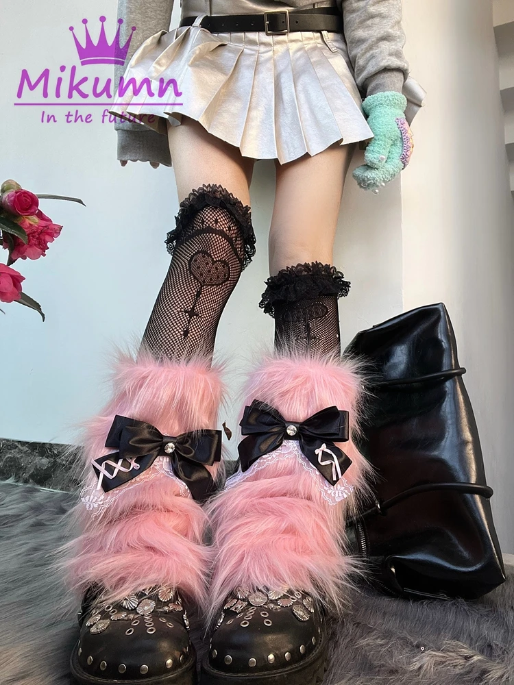 Harajuku Sweet Pink Bow Lace Faux Fur Leg Warmers Boot Cover Y2k Punk Girls Japanese Kawaii Streetwear Chic Leg Warm Socks