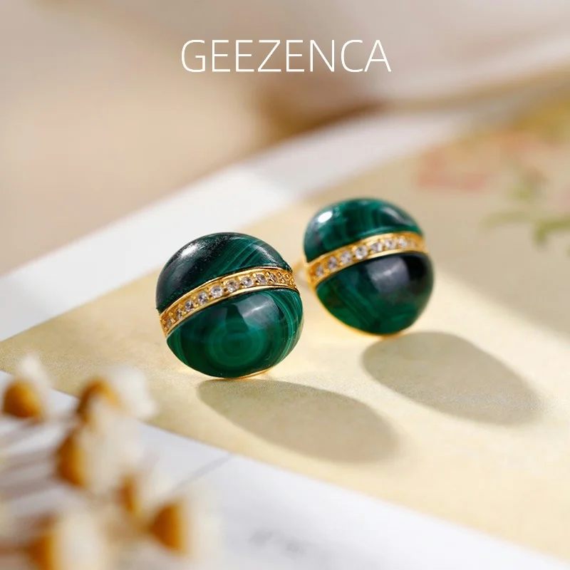 

GEEZENCA Natural Malachite S925 Silver Small Earrings For Women Zircon Green Stone Simple Round Chic Earring 2024 New Party Gift