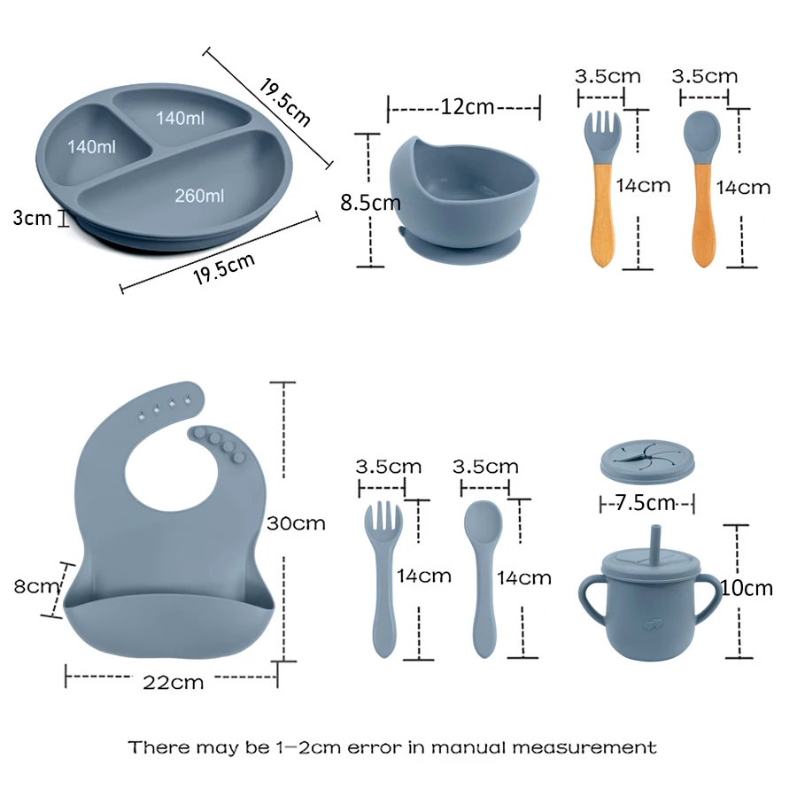 8PCS Baby Feeding Set Waterproof Bibs Kids Sucker Dinner Plate Antislip Bowl Spoon Cup  Children's Tableware Baby Stuff 5