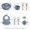 8PCS Baby Feeding Set Waterproof Bibs Kids Sucker Dinner Plate Antislip Bowl Spoon Cup  Children's Tableware Baby Stuff 5