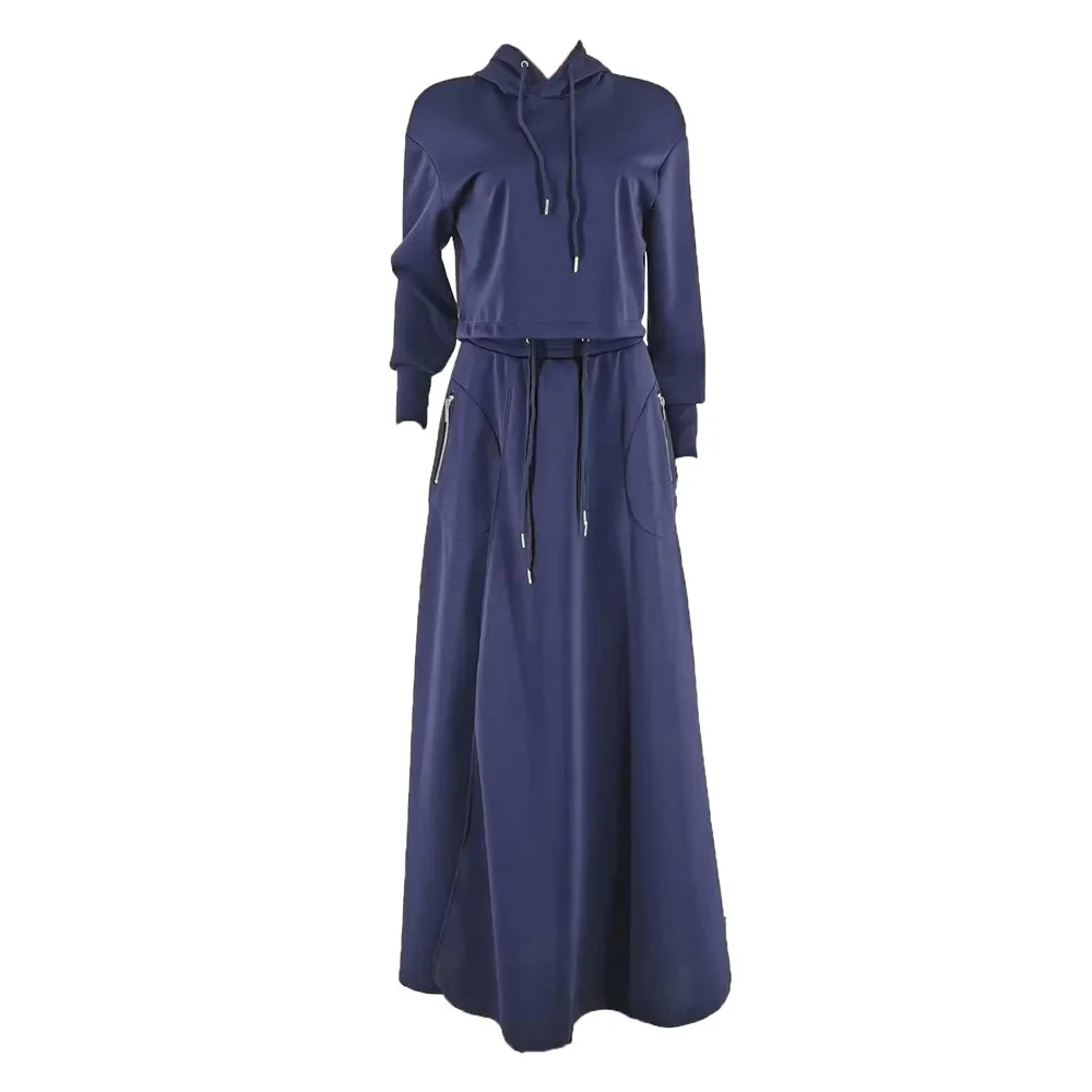 SKMY 2 Piece Sets Women Outfit New Fashion Solid Color Long Sleeve Hooded Tops And A-Line Long Skirts Sets Casual Streetwear