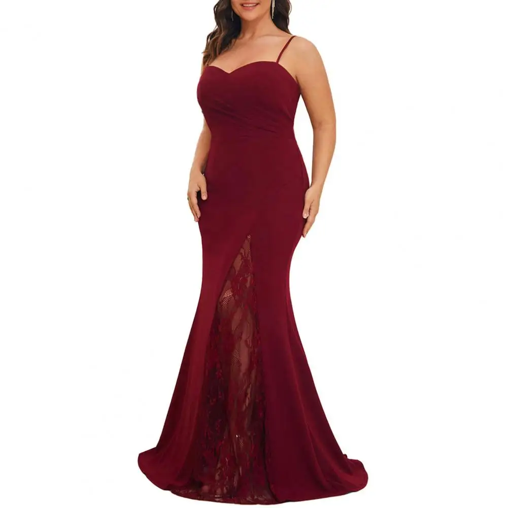 

Woemn Dress Sleeveless Backless Back See-through Lace Patchwork Floor Length Slim Tight Waist Strappy Dress