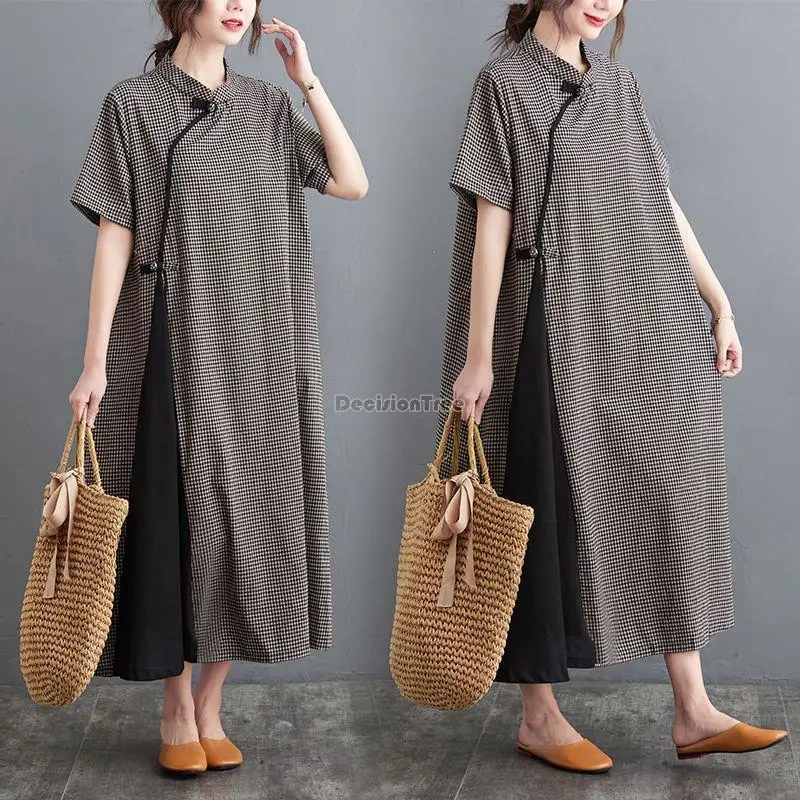 

2023 retro cheongsam dress women loose casual plaid splicing design stand-up collar disc buckle mid-length skirt summer s131