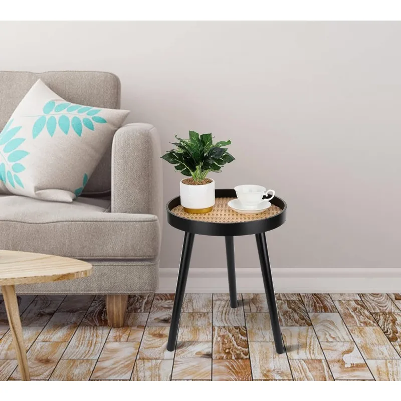 Rattan Round Side Table, Black Small End Table, Accent Table, Modern Boho Bedside, Mid-Century Patio Side 6