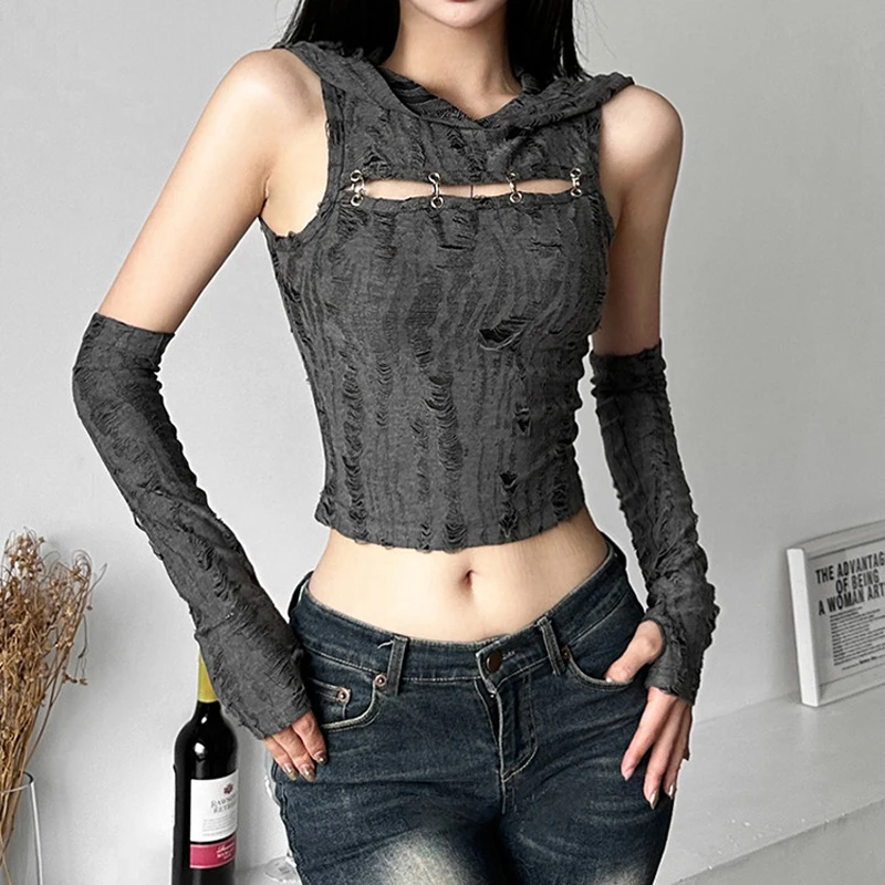 

Goth Dark Frayed Fairy Grunge Streetwear Tank Tops Gothic Cut Out Buckle Patchwork Crop Top Y2k Hooded Women Glove Sleeve Vests