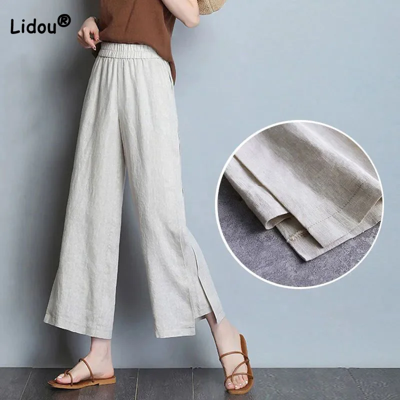 Spring Summer Office Lady Elastic High Waist Nine Points Pants Cotton Hemp Casual Thin Solid Wrinkling Loose Wide Leg Trousers сумка поясная 90 points ninetygo marvel casual crossbody chest bag синяя