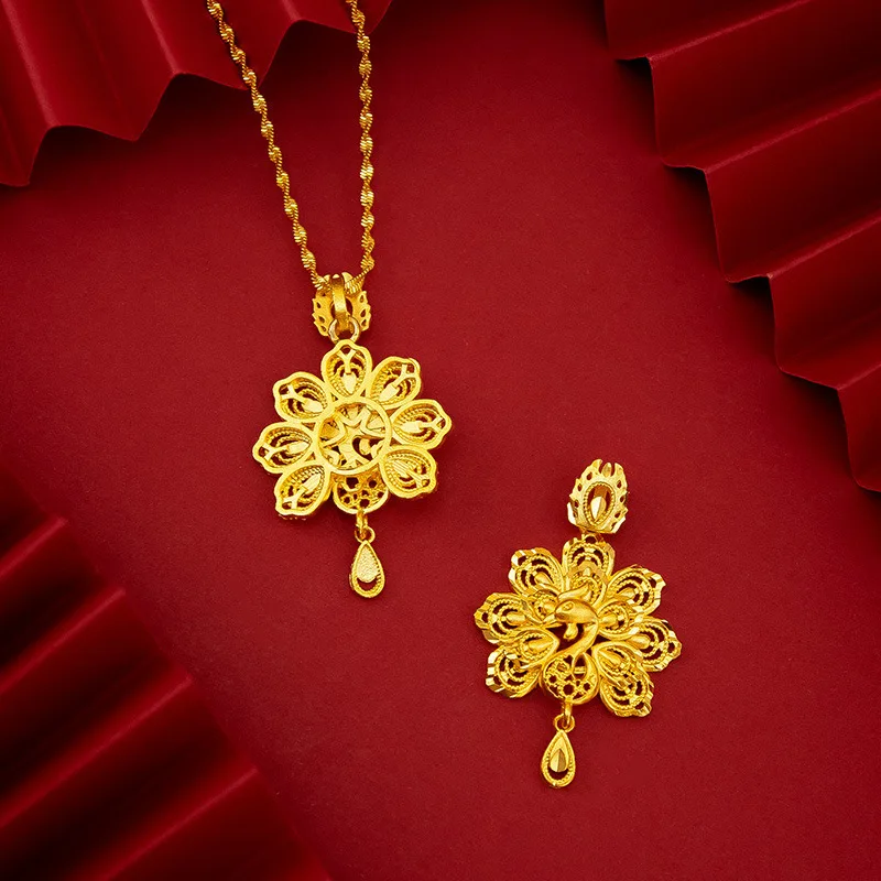 Fashion Pure 14K Gold Color Peacock Pendant Necklace for Women Jewelry Necklace Water Wave Chain Wedding Birthday Gifts